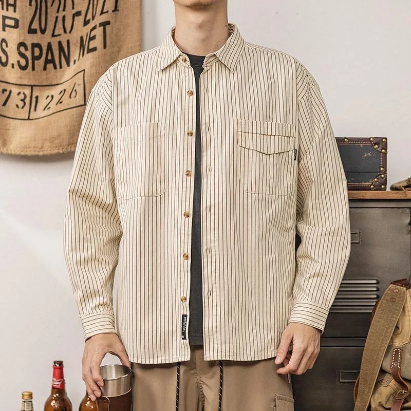 Осень и весна, новая модная тенденция, американская винтажная полосатая рубашка, мужская повседневная свободная спортивная рубашка больших размеров с длинным рукавом M-3XL