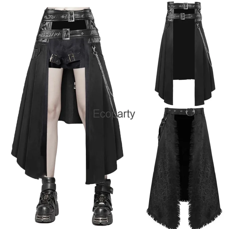 Men's Punk Gothic Pleated Skirt Medieval Black Roman Warrior Cosplay Pu Leather Metal Chian Irregular Skirt Halloween Costume PA