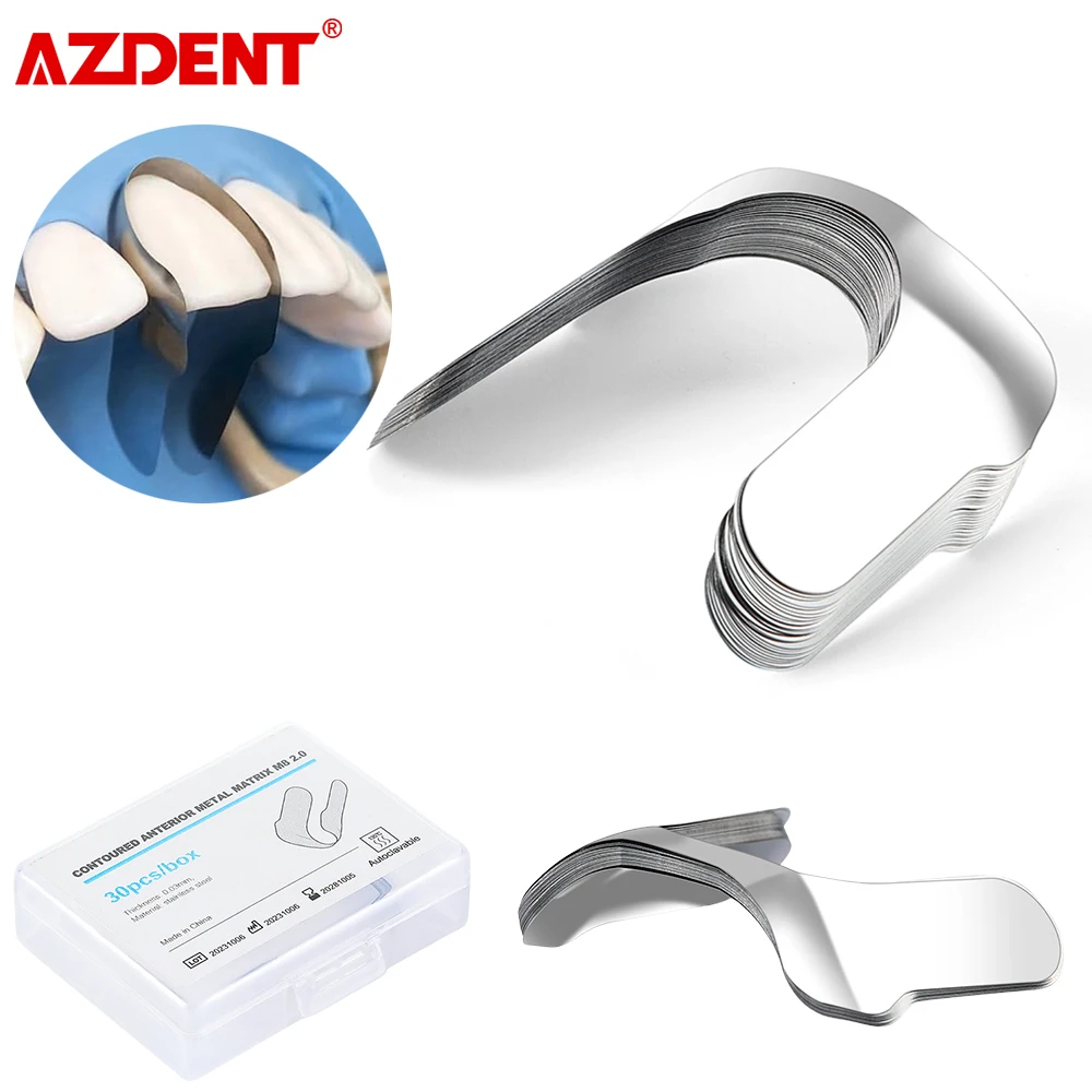 AZDENT 30Pcs Dental Matrix Contoured Anterior Metal Matrix Bands Sectional Matrix System Matrices Dentistry Materials