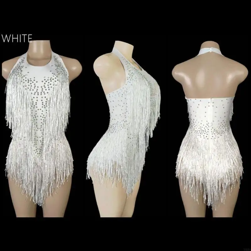 

Y88A Sequins Tassels Latin Dance Costume Halterneck Backless Fringe Dress Latin Dance Dress Women Ballroom Dancing Outfit