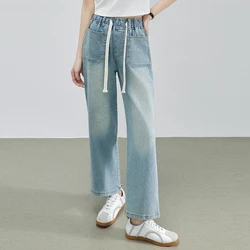 New 2025 Summer Denim Jeans Women High Elastic Waist Drawstring Bleached Wide Leg Blue Jean Pants Streetwear Denim Trousers