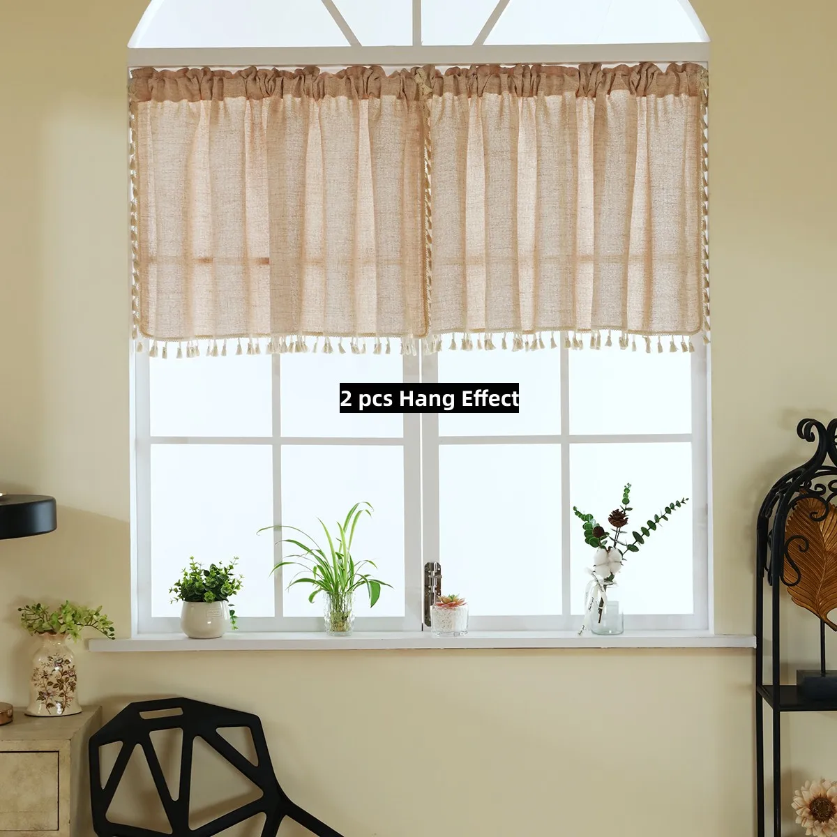 1pc Japanese Boho Style Short Curtain,Rod Pocket ,Polyester Fabric Window Semi Curtain with Tassel,for Window, Door, Cabinet