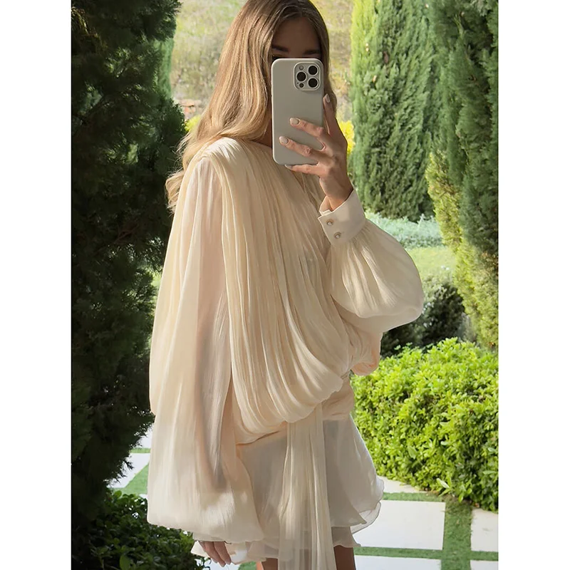 Vintage Stain Solid Pleated Short Dresses Women Elegant Lace Up Ribbon Hollow Out Mini Dress Female New Spring Chic Street Party