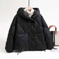 2023 Winter New Fashion 90% White Duck Down Short Jacket Women Thick Warm Loose Cocoon Type Hooded Diamond Puffer Coat Outerwear