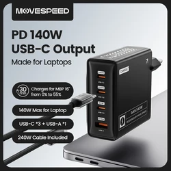 MOVESPEED PD3.1 USB-C Charger 140W High Speed Fast Charging 4 Ports GaN Charger for MacBook Pro Air Surface Lenovo Dell Laptops