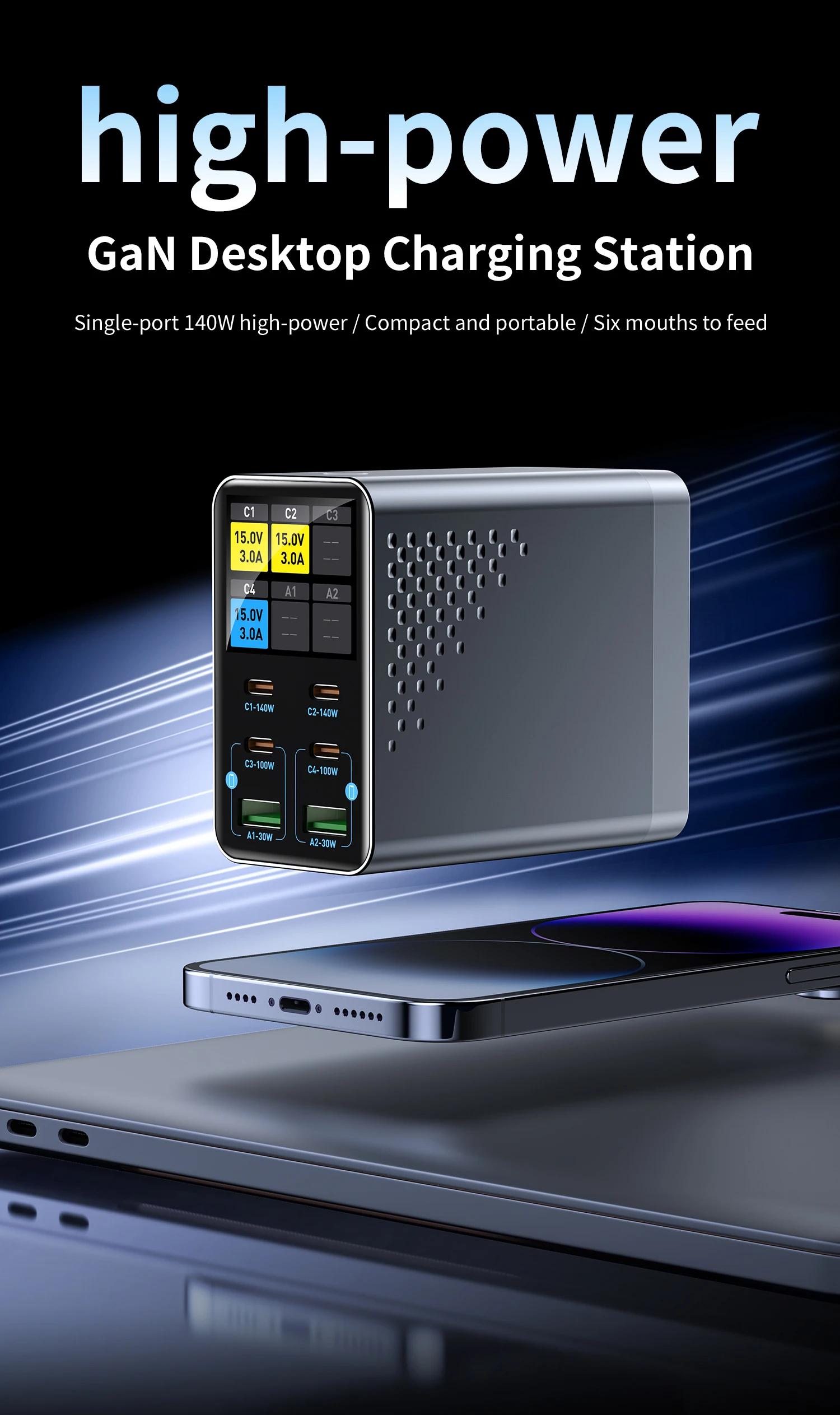 140W 6-Port GaN USB-C Ladestation mit LCD Smart Display Desktop-Schnellladegerät für Mehrere Geräte – Detail 1