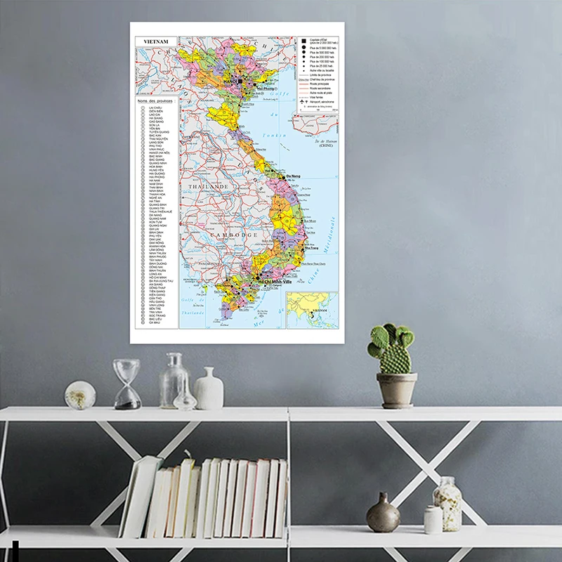 Série de Mapas Franceses - Mapa do Vietnã - Mapa Administrativo, Decoração Educacional e para Viagens, Enfeite de Parede