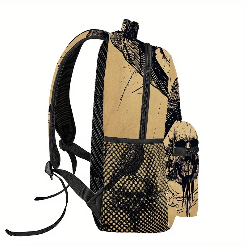 Vintage Gothic Raven Skull Print Backpack Retro Paper Texture Occult Crow Pattern School Bag Lightweight Casual Daypack