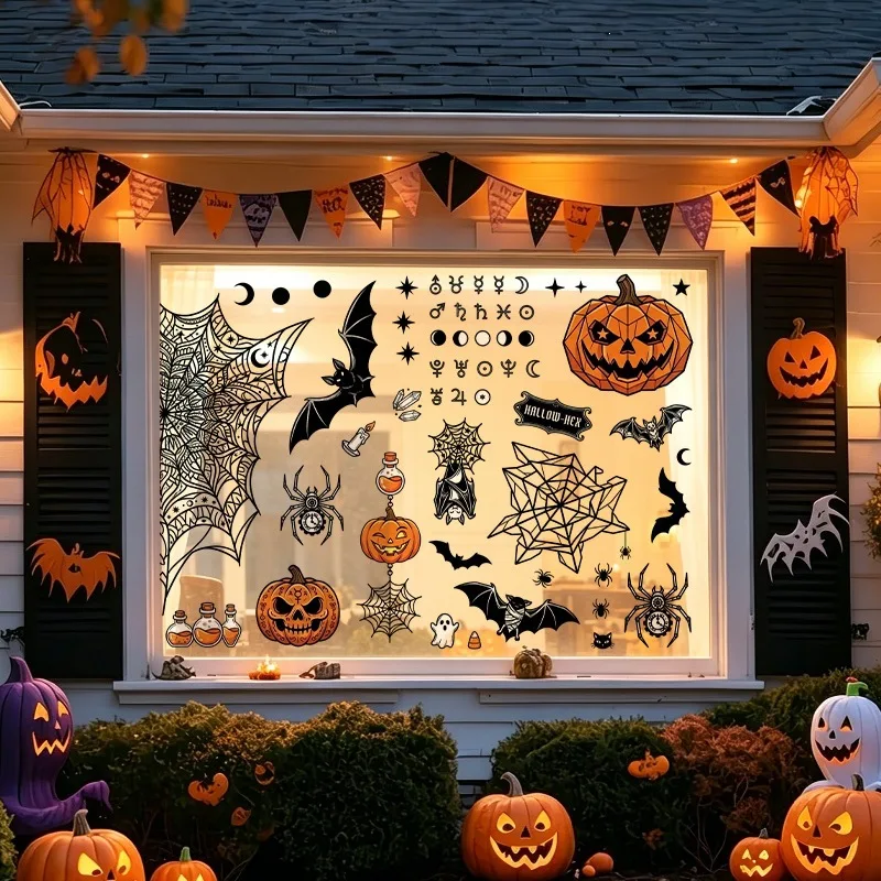 2 Sheets Halloween Pumpkin Spider Web Potion Ghost Bat Window Stickers, Showcase Glass Holiday Atmosphere Decor