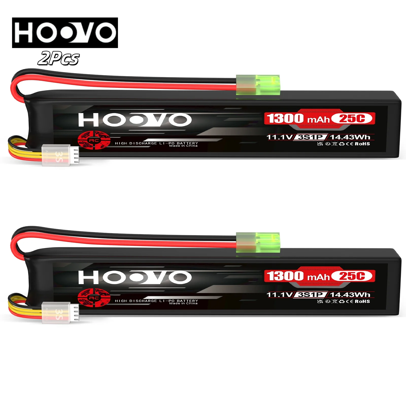 HOOVO LiPo Battery 3S, 11.1V 1300mAh 25C Rechargeable Battery with Mini Tamiya Connector for Racing Cars Helicopters Airplanes