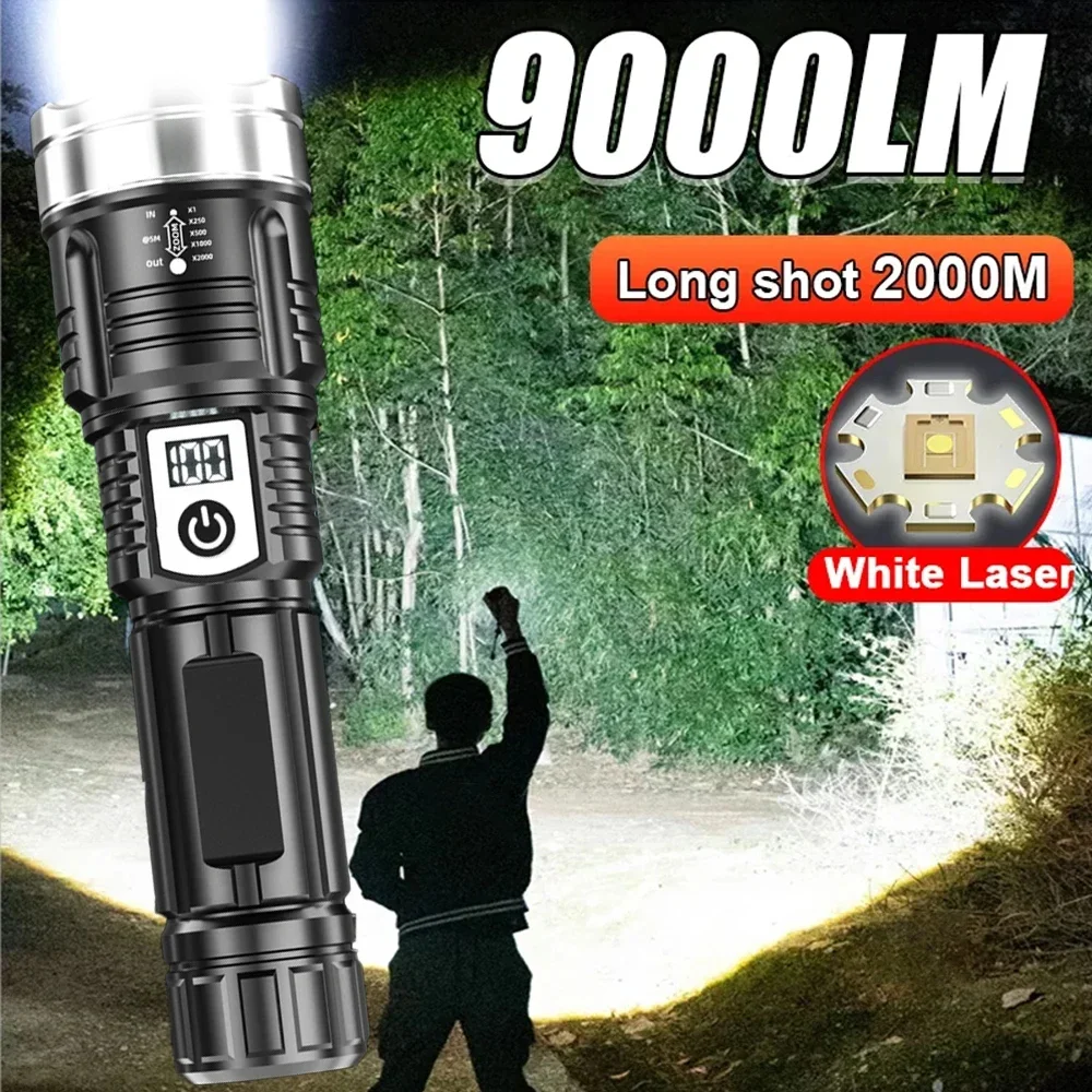 

Powerful White Laser LED Flashlight Built-in Battery USB Rechargeable Zoom Torch With Power Display Outdoor Tactical Flashlights