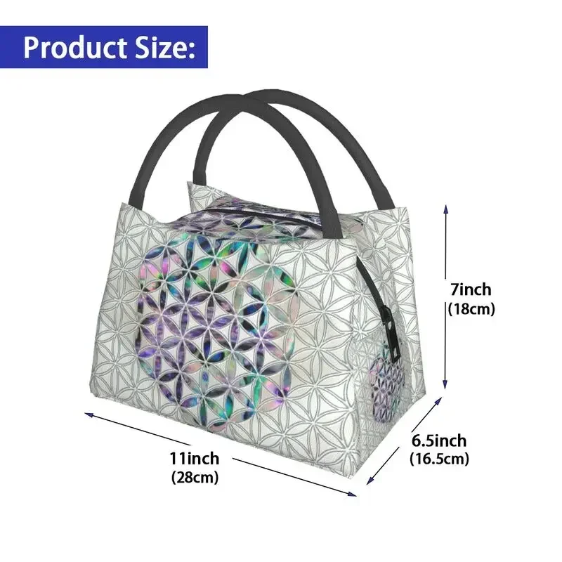 Flower Of Life Abalone Shell On Pearl Insulated Lunch Tote Bag for Women Geometric Mandala Portable Cooler Thermal Bento Box