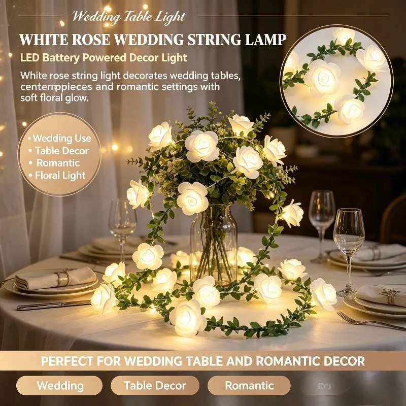 LED White Rose String Lights Battery Powered Night Light Warm Green Vine Garland for Wedding Party Wreath Bedroom Decoration