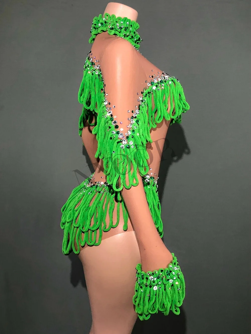 Body feminino com borlas brilhantes e mangas compridas, malha sexy transparente para performance de dança, roupa de palco para festa