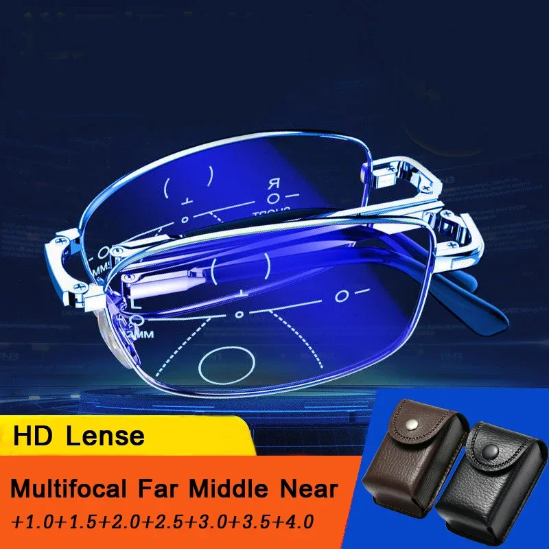 

Multifocal Folding Reading Glasses Anti-blue Light Men Women Metal HD Lenses Eyewear Far Near Sihgt Eyeglasses With Leather Box