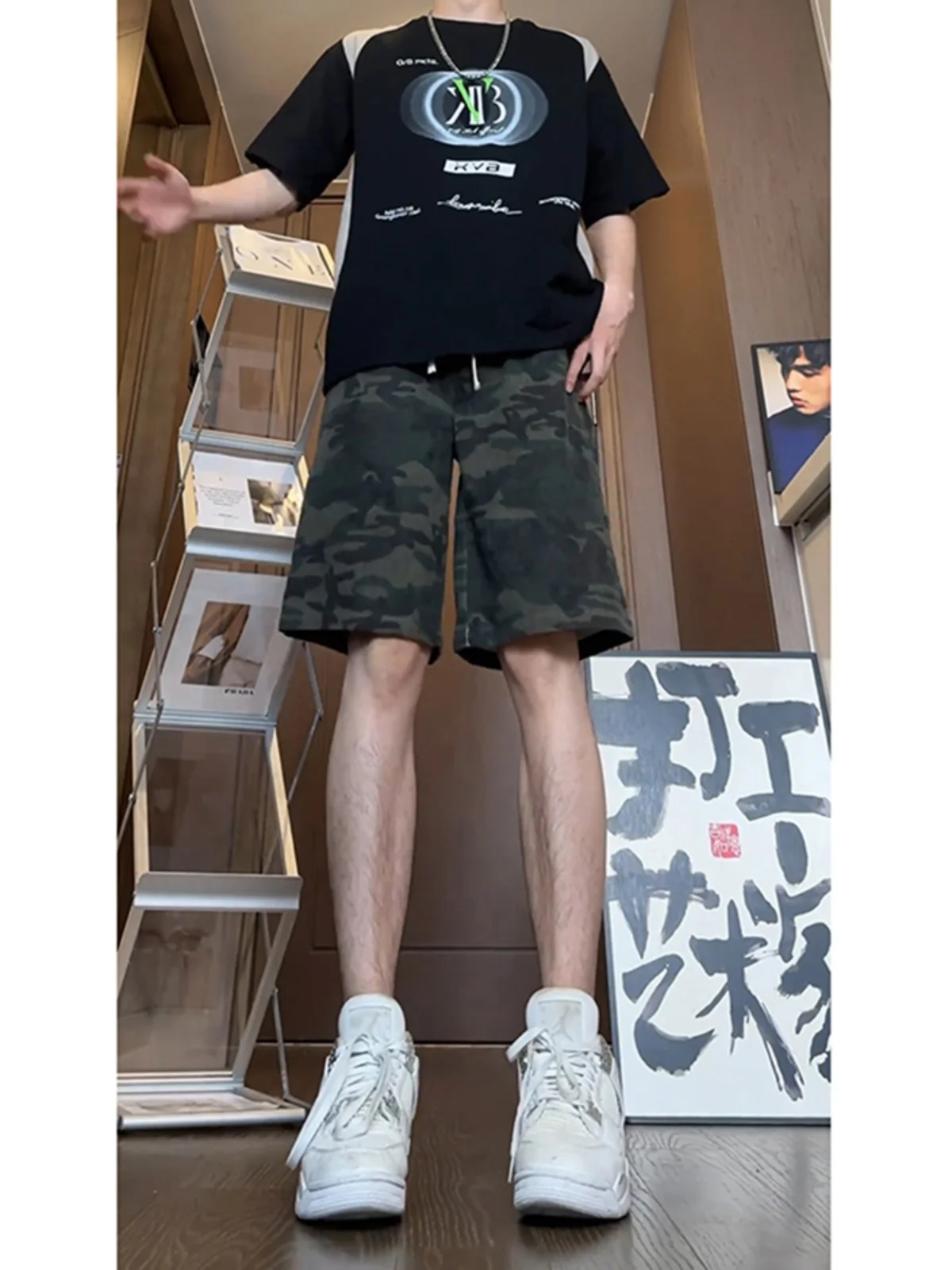 

American Retro Sle Camouflage Logging Workwear orts Men's Summer High Waist Straight Leg Four Parts Denim Casual Pants