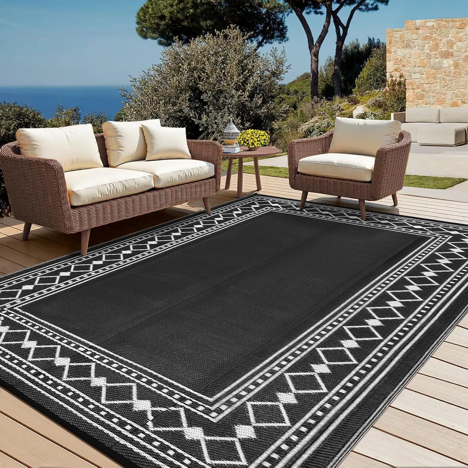Garvee Outdoor Rug 9x18ft Reversible Waterproof Rug for Patio Modern Bordered Geometric Rug Waterproof Patio Rug Reversible Outdoor Plastic Straw Rugs for RV Patio Porch Deck Balcony