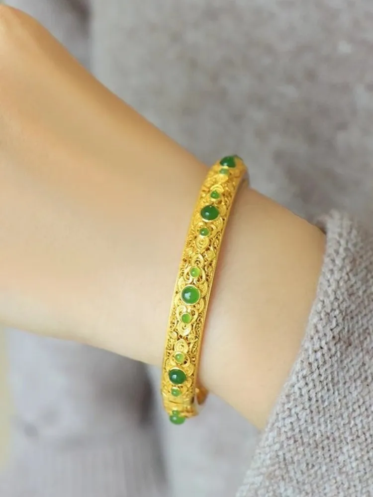 Natural Jade Bracelet Fine Jewelry Women S925 Sterling Silver Gold Plated Retro Design Handmade Bracelet