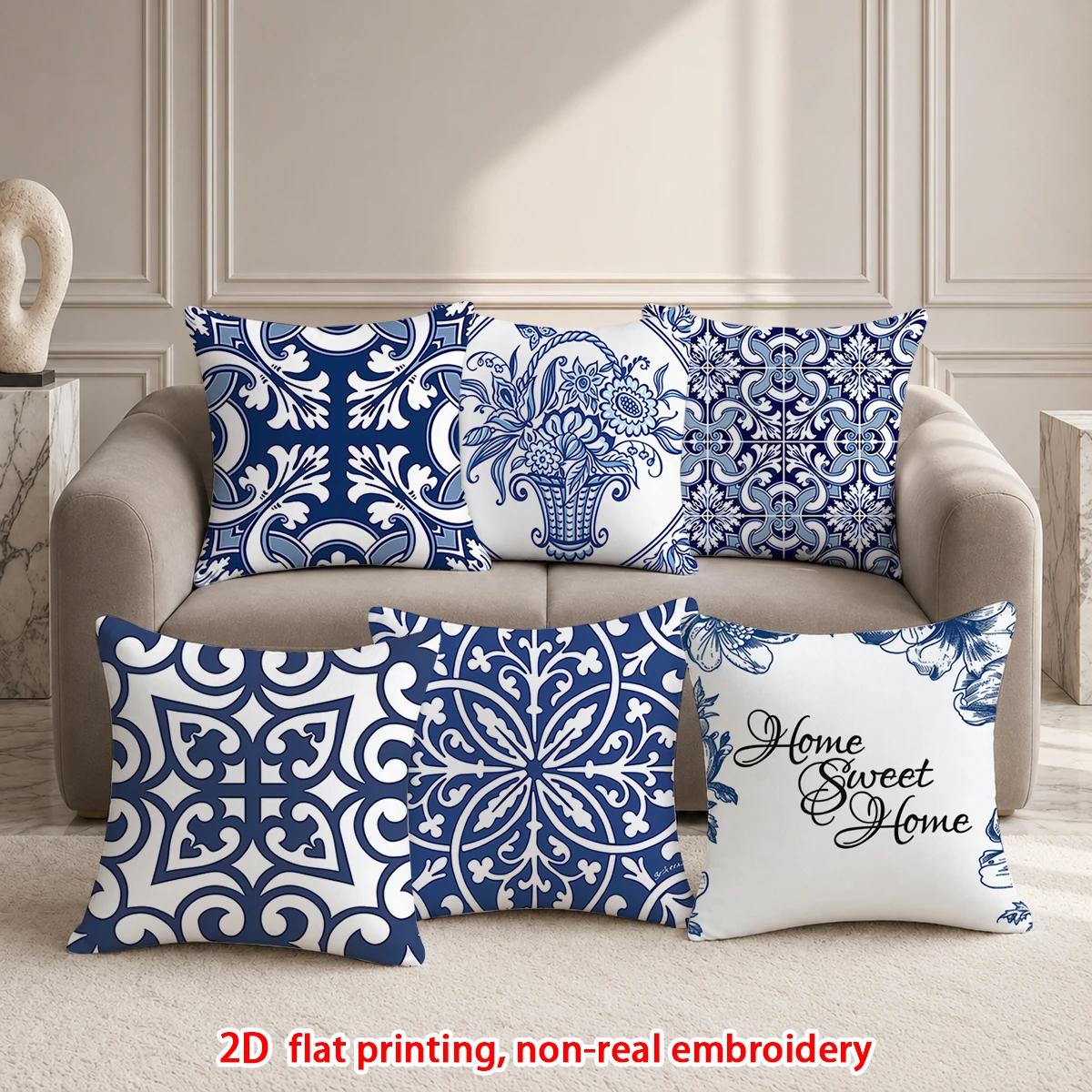 6pcs  Blue and White Porcelain Style Throw Pillow Covers Set of 6 Home Sweet Home Decorative Cushion Cases for Sofa Bedroom