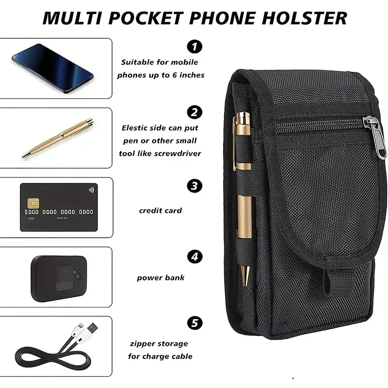 Borsa per telefono ribaltabile con tre scomparti per l\'inserimento della penna casual e portamonete da uomo con passante per cintura, portafoglio di