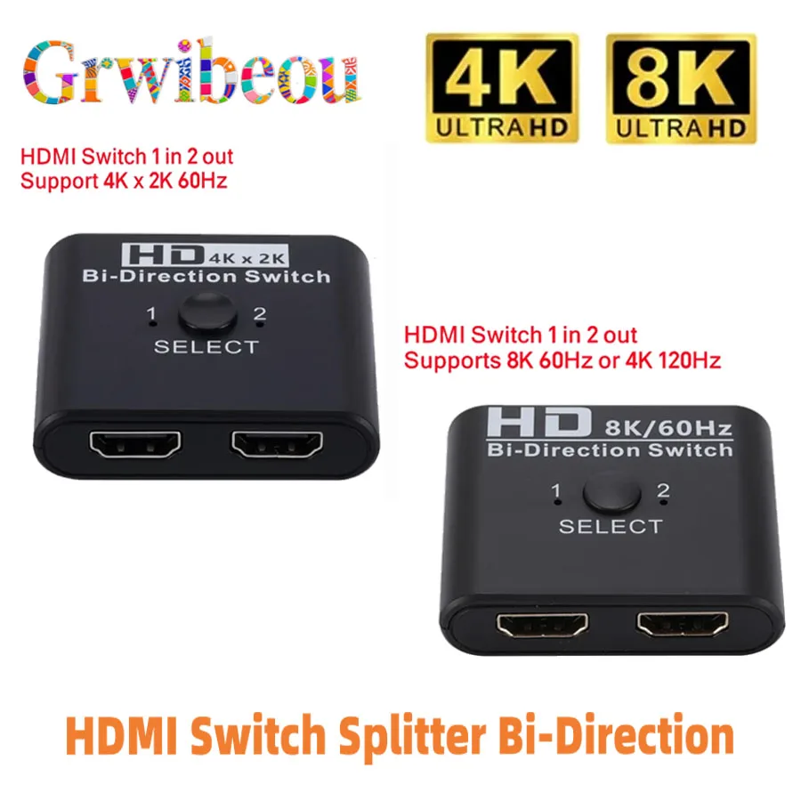 8K 60Hz HDMI-Compatible Switch Splitter Bi-Direction 4K 60Hz HDMI Switcher 1x2/2x1 For PC Laptop Xbox PS3/4 to Monitor Projector