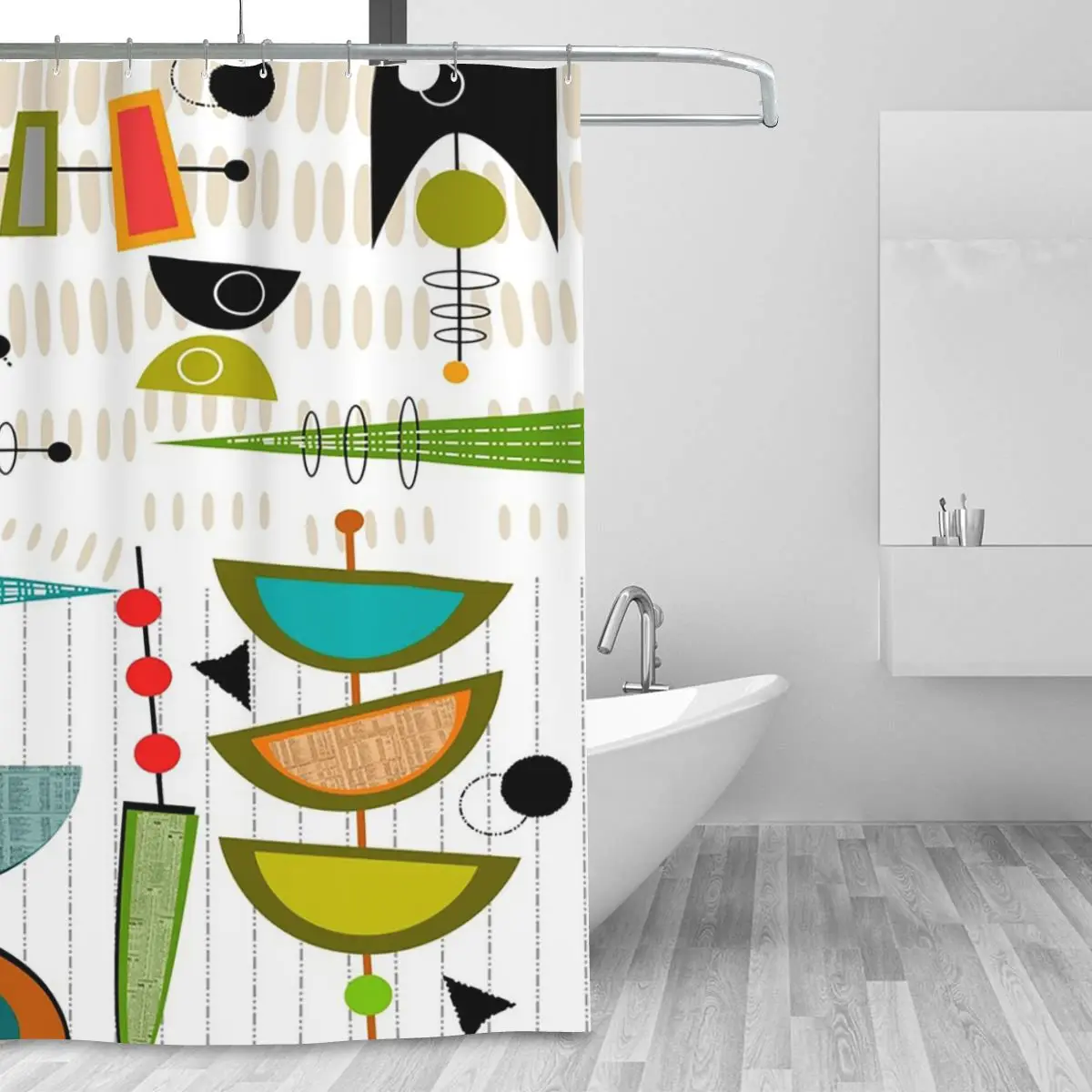 Mid-century Modern Abstract Shower Curtain Bathroom Polyester Waterproof Bath Curtains with Hooks