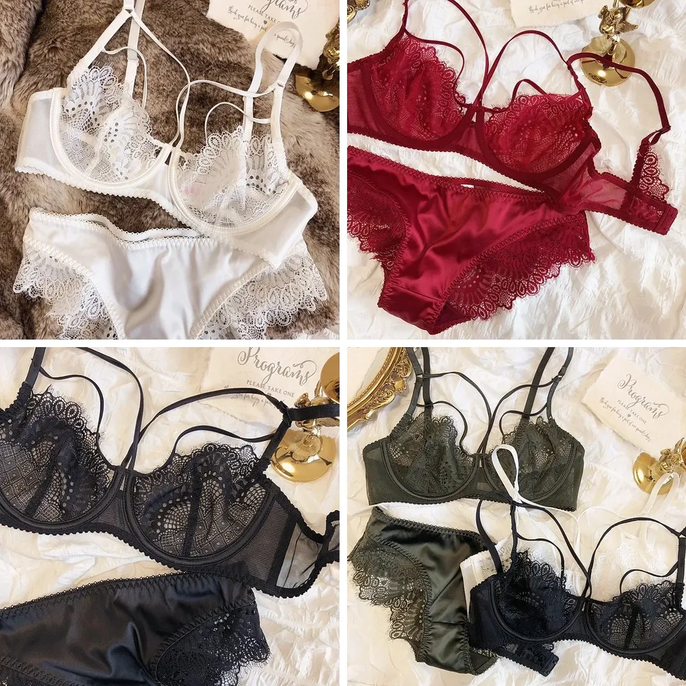 Sexy Lace Underwear Sets Push Up Underwire Bra Ultra-Thin Bralette & Panty Set for Women