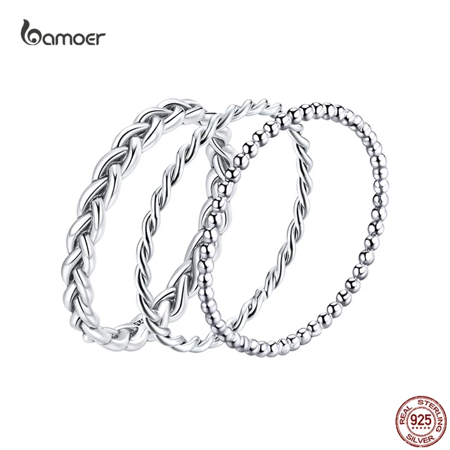 Bamoer 925 Sterling Silver prosty pleciony pierścionek dla kobiet klasyczny elegancki pierścionek do układania w stosy biżuteria ślubna akcesoria nie 925 Logo