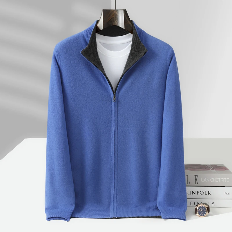 MVLYFLRT мужской кардиган на молнии с воротником-стойкой, 100% мериносовая шерсть, вязаный двусторонний кардиган, осенне-зимняя толстая теплая куртка