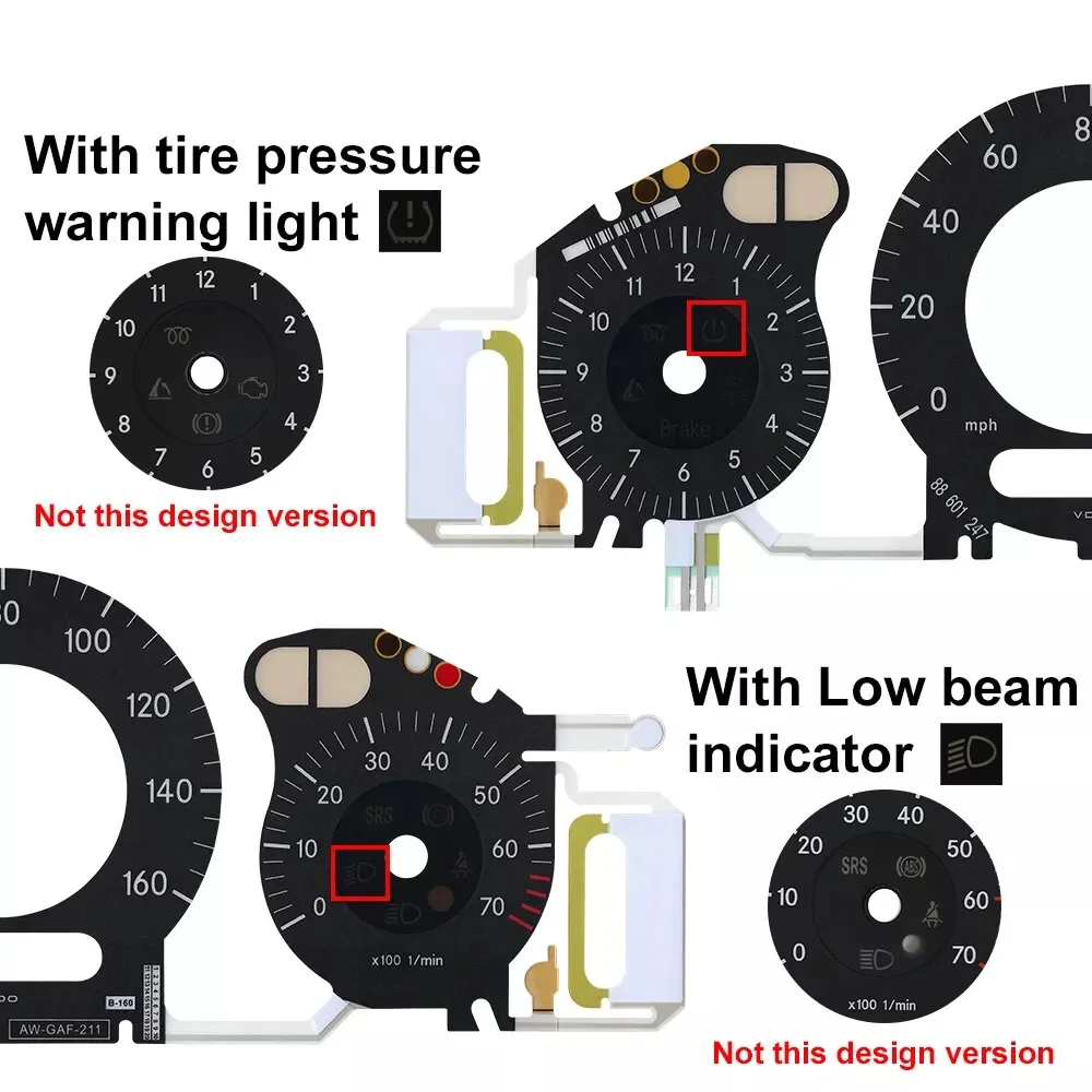 160MPH Weiß-Schwarzes Zifferblatt mit EL-Kaltlicht-Overlay für Mercedes W211 E320 E350 E500 E55 E63 W209 C219 Instrumentencluster – Detail 4