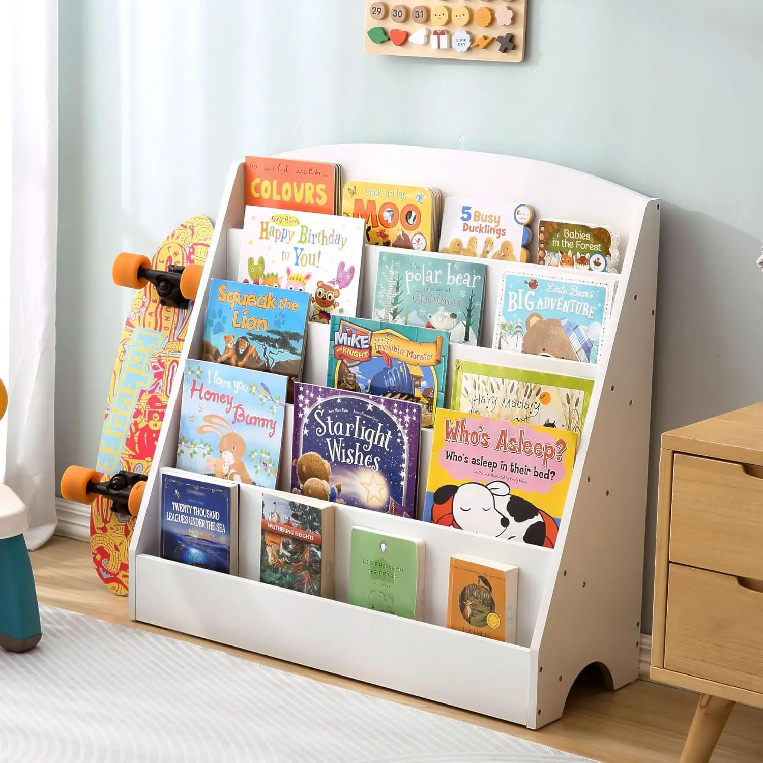 5-Tier Kids Bookshelf - Toddler Book Display Shelves for Classrooms, Playrooms, and Nursery - Wooden Children Book Rack