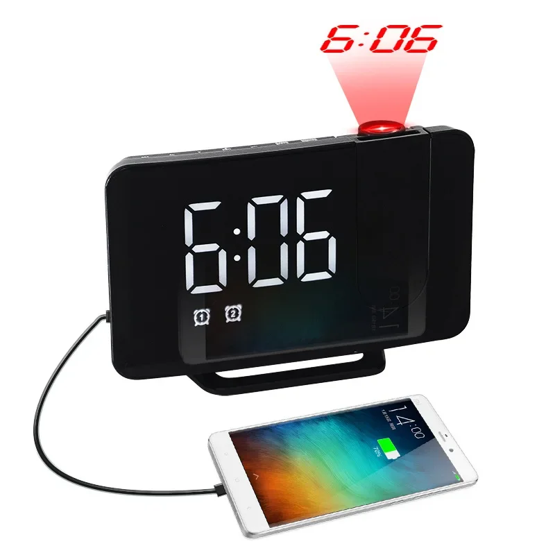 Radio Projection Alarm Clock Large Screen LED Display Electronic Clock Curved Dual Alarm Desk Clock