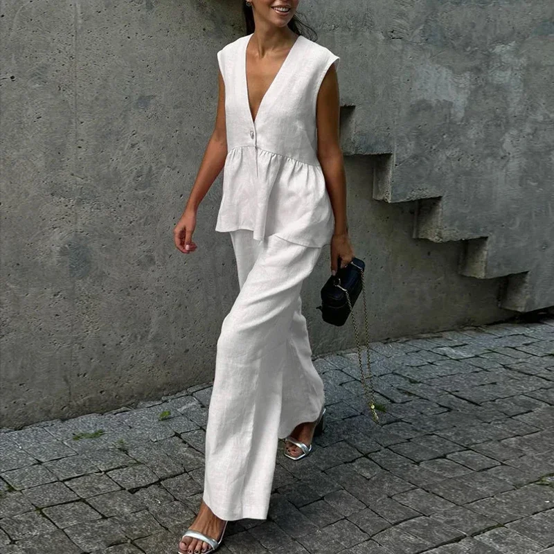 

Летний жилет, брюки без рукавов, однотонный хлопковый льняной костюм, женский однобортный офисный свободный шикарный костюм в стиле ретро с воланами, 2025 г.