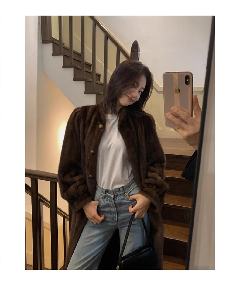 Lautaro Winter Long Brown Thick Warm Soft Faux Mink Fur Coat Women Puff Sleeve Elegant Luxury Chic Fluffy Furry Overcoat 2023