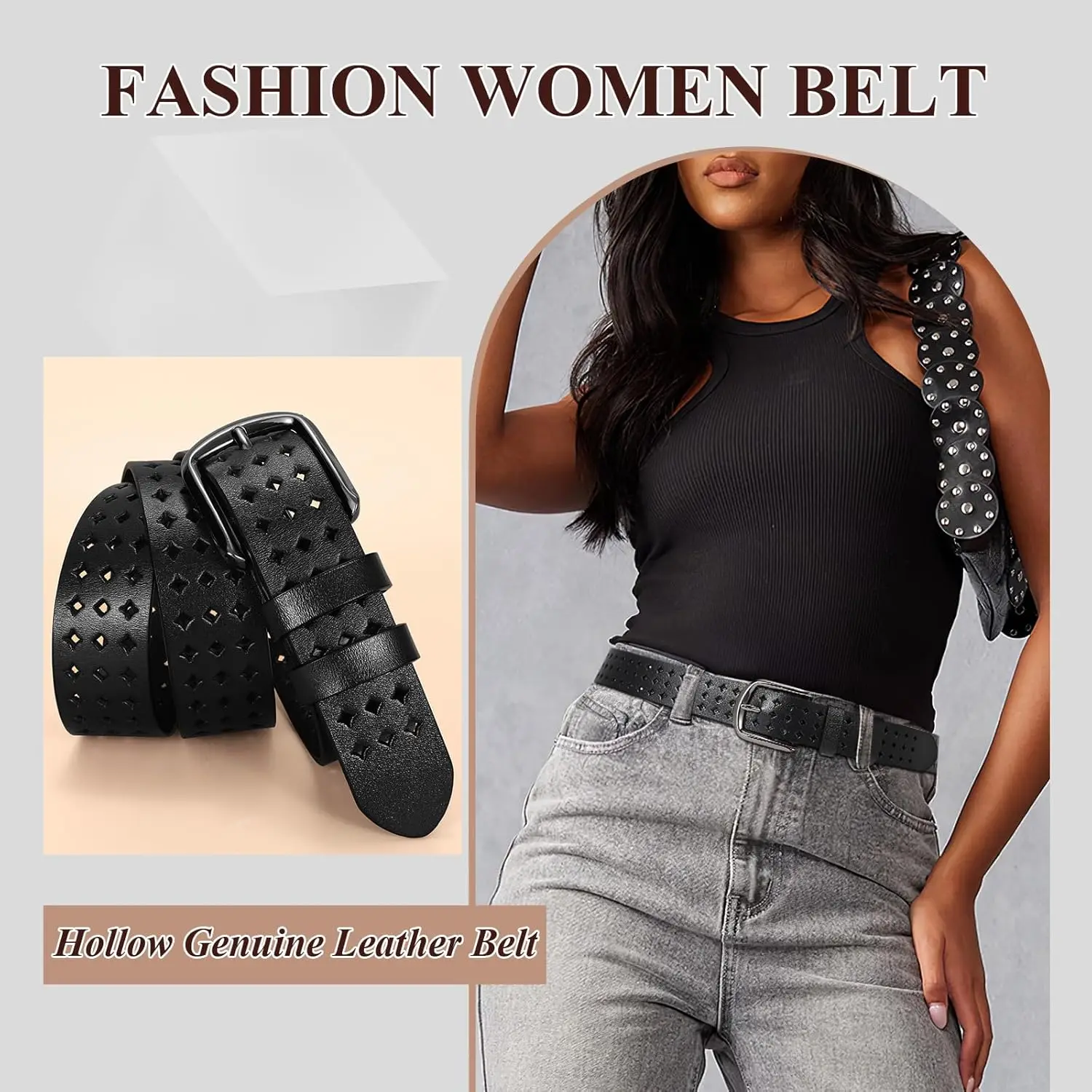 

Women’s Hollow Genuine Leather Belt for Jeans Dresses with Pin Buckle, Cowhide Waist Belt for Ladies Sliver Buckle Waistband