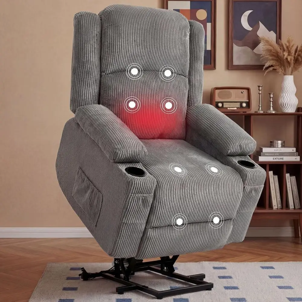 Heavy Duty 400lbs Reclining Chair with Massage, Heat, USB Ports, Cup Holders for Big and Tall, Grey Corduroy Living Room Sofa