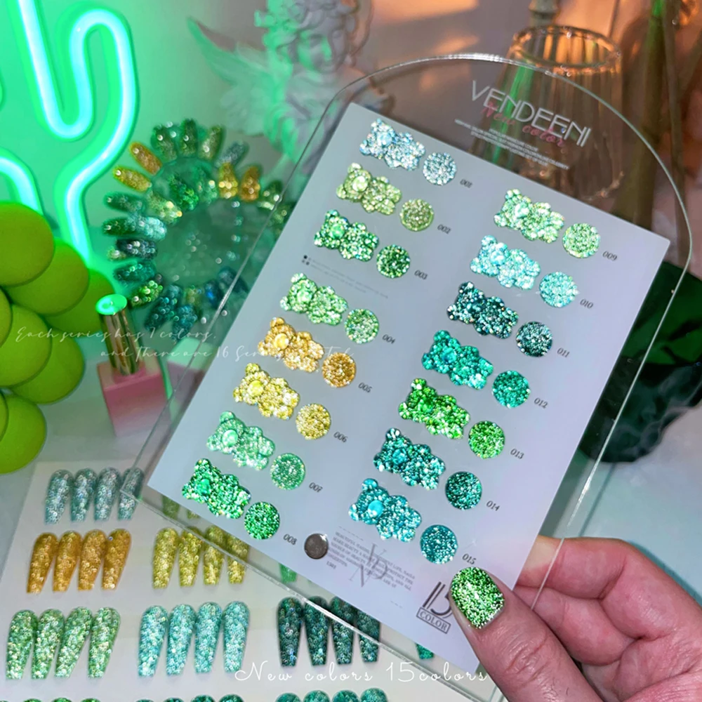 Vendeeni 15 Colors Emerald Glitter Broken Diamond Gel Nail Polish Soak Off UV LED Dark Green Reflective Shiny Nail Varnish