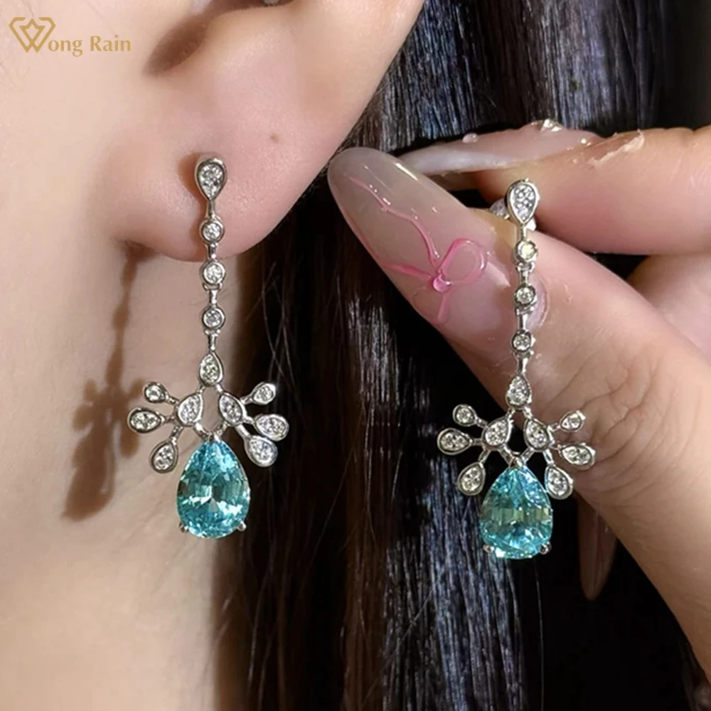 

Wong Rain 925 Sterling Silver Pear Cut 7*10 MM Paraiba Tourmaline Ruby Sapphire High Carbon Diamonds Drop Earrings Fine Jewelry