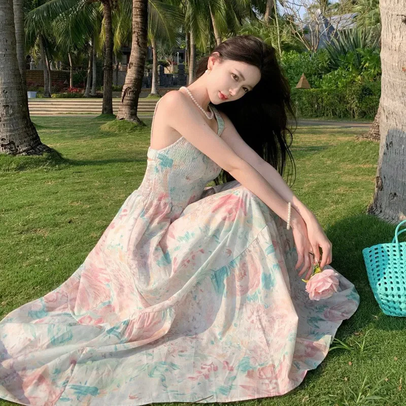 

French Floral Print A-Line Dress for Women Summer Niche Design Slim Thin Wide Shoulder Strap Suspender Long Dress Female