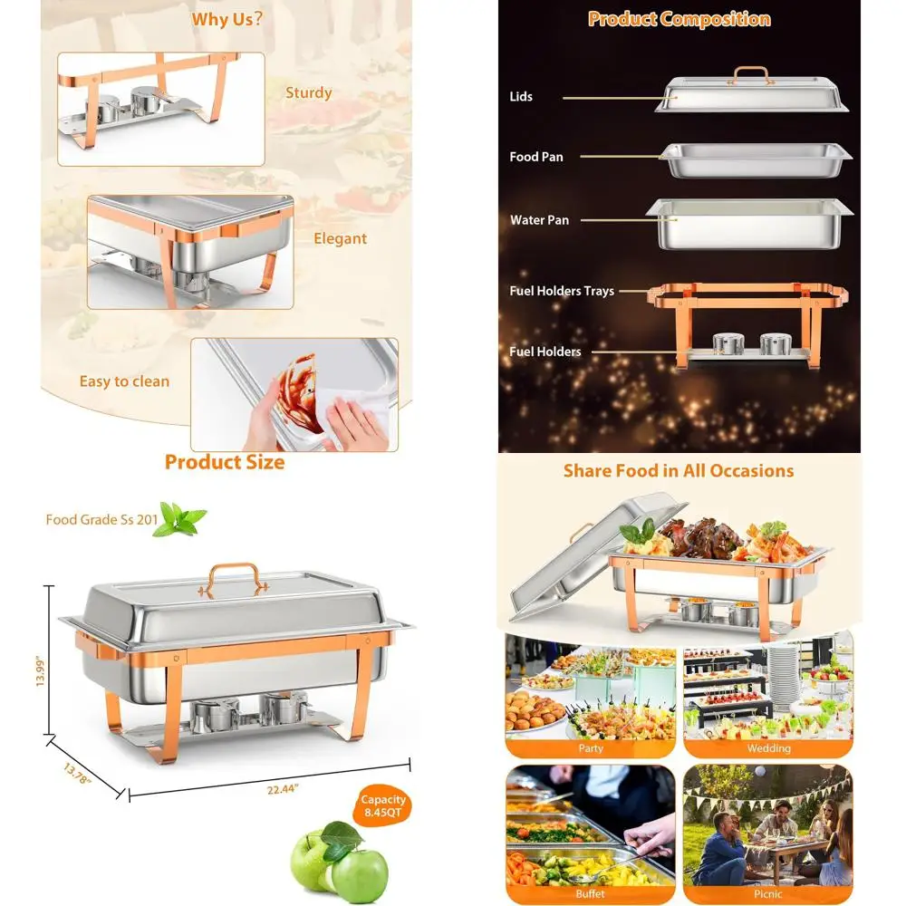 

Rose Gold 4-Piece 8-Qt Chafing Dish Set with Folding Frame, Serving Spoon, and Tweezer for Buffet Warming at Weddings and Events