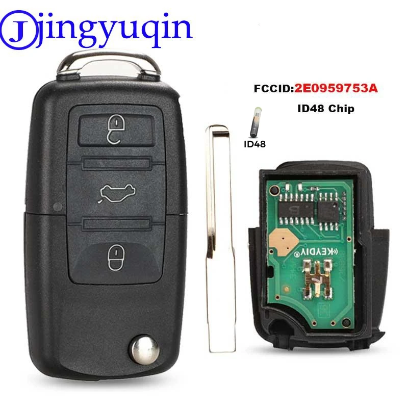 

jingyuqin Remote 434Mhz ID48 Flip Key DIY For VW/VOLKSWAGEN Crafter 2006-2016 2E0959753A 3 Buttons Keys Fob Control Replacement
