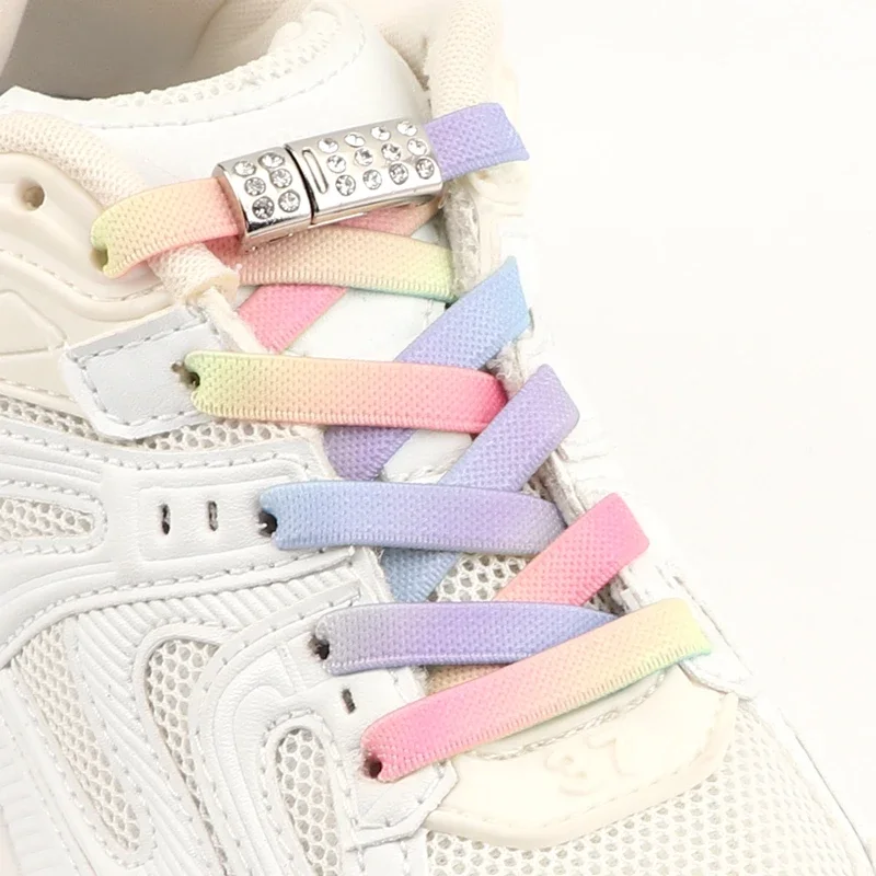 

Rainbow Shoe Laces Magnetic Diamond Metal Lock Elastic Shoelaces Without Ties 8MM Wide Flats Rubber Lazy Shoelace for Sneakers