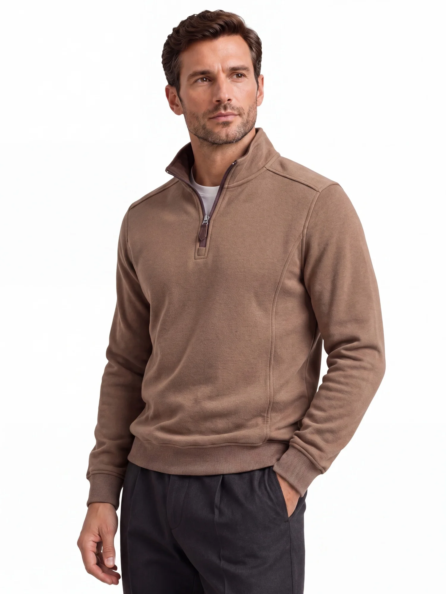 AIOPESON Herren Pullover mit halbem Reißverschluss, Stehkragen, einfarbig, warm, gemütlich, langärmelig, Sweatshirt, Herbst-Winter, lässig, leicht, Oberteil – Detail 3
