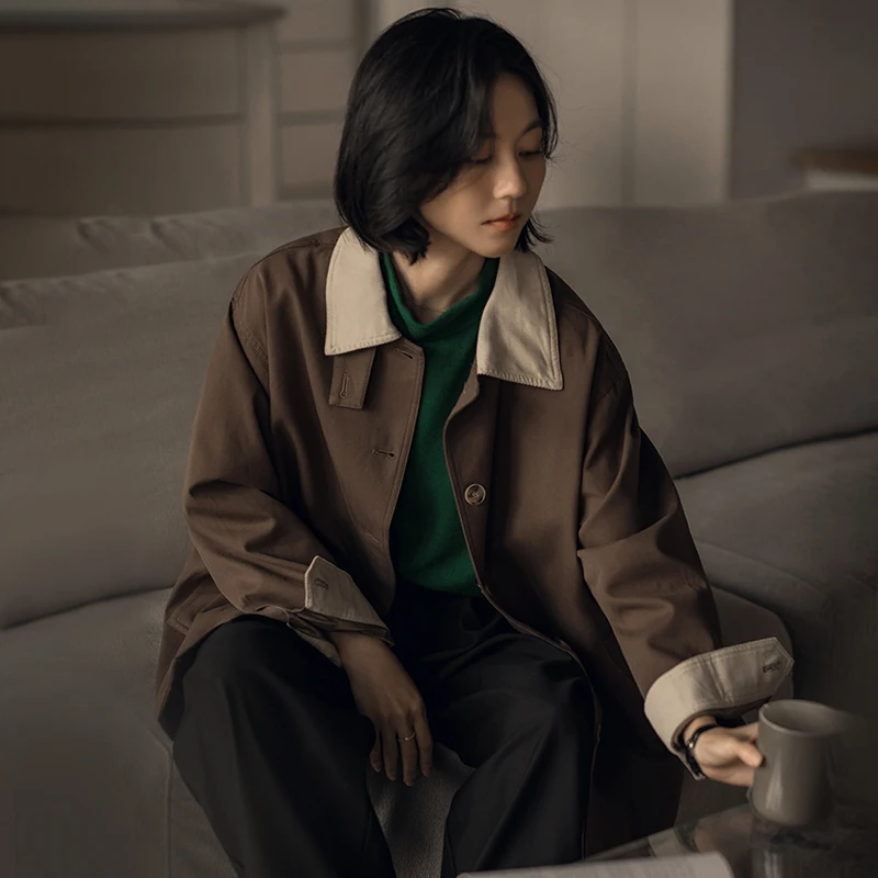 

Женское длинное свободное пальто Ele Korean Sle, весна 2026, с воротником, в стиле колор-блок, ветровка, повседневная модная верхняя одежда