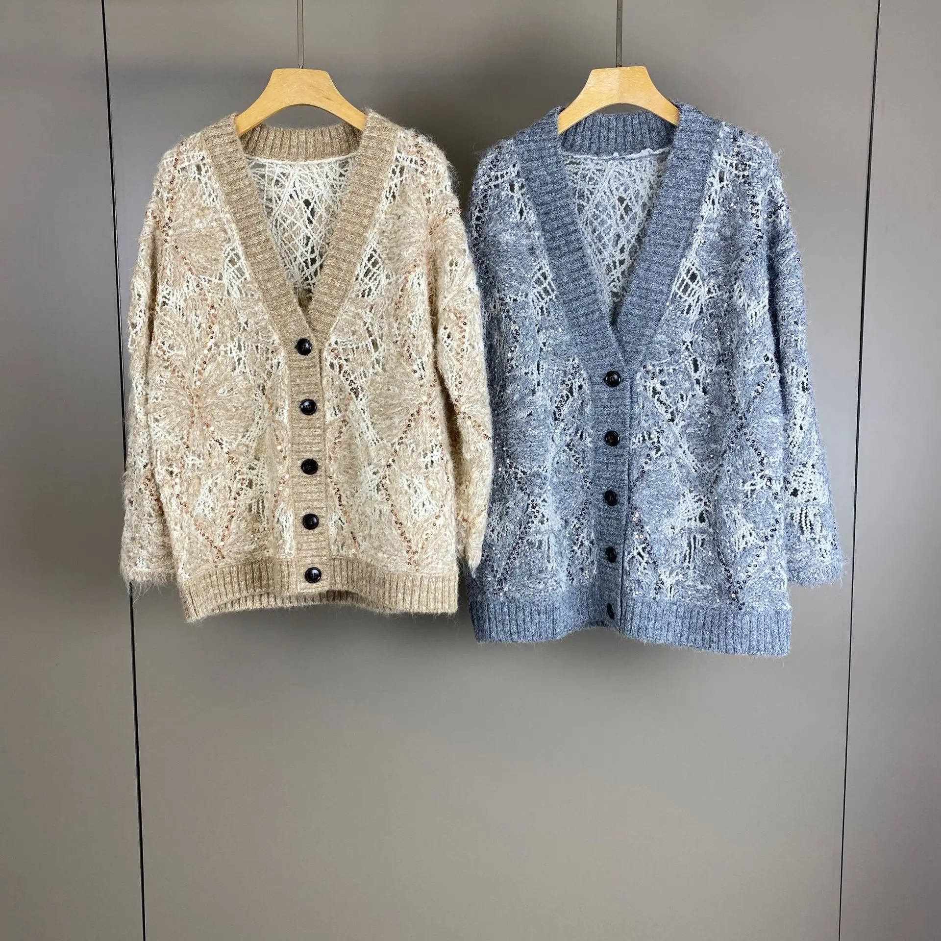 Women's 2026 Autumn Winter New Mohair Wool Hollow Sequin Knitted Cardigan