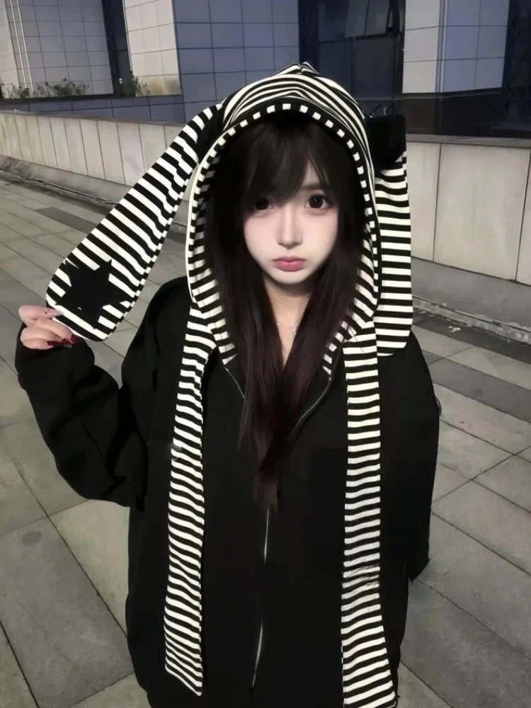 Felpe con cappuccio Harajuku da donna con patchwork a righe Kawaii Grunge Streetwear Felpa con cappuccio allentata casual Y2k Felpa con cerniera estetica Grunge