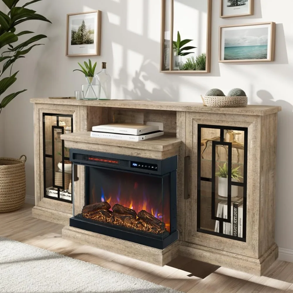 3-Side Glass Fireplace, Modern Media Entertainment Center Console Table with Adjustable Color, 24’’ Fireplace, Highboy