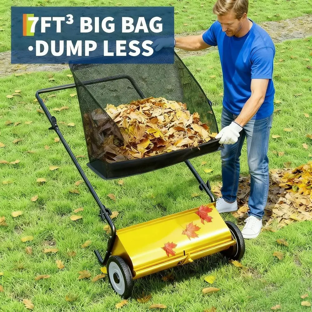 26-Inch Push Lawn Sweeper, Anti-Rust Steel e, 4 High-Density rushes, Adjustale Height, 7 Cu.t Collection ag or Yard Deris (Yello