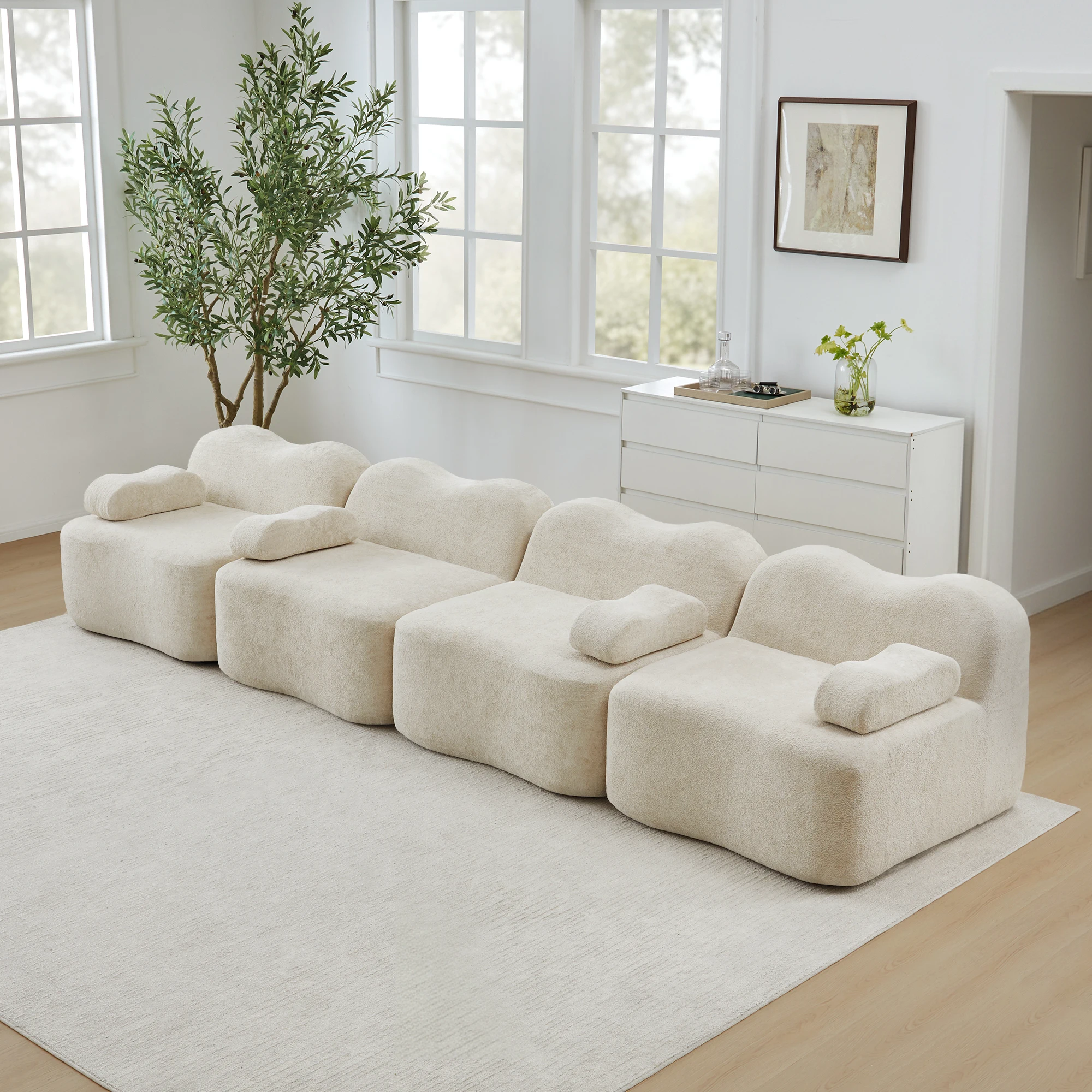 Sofá Modular de 4 Plazas con Forma Ondulada, Asiento Profundo con Reposabrazos Móvil en Terciopelo Beige