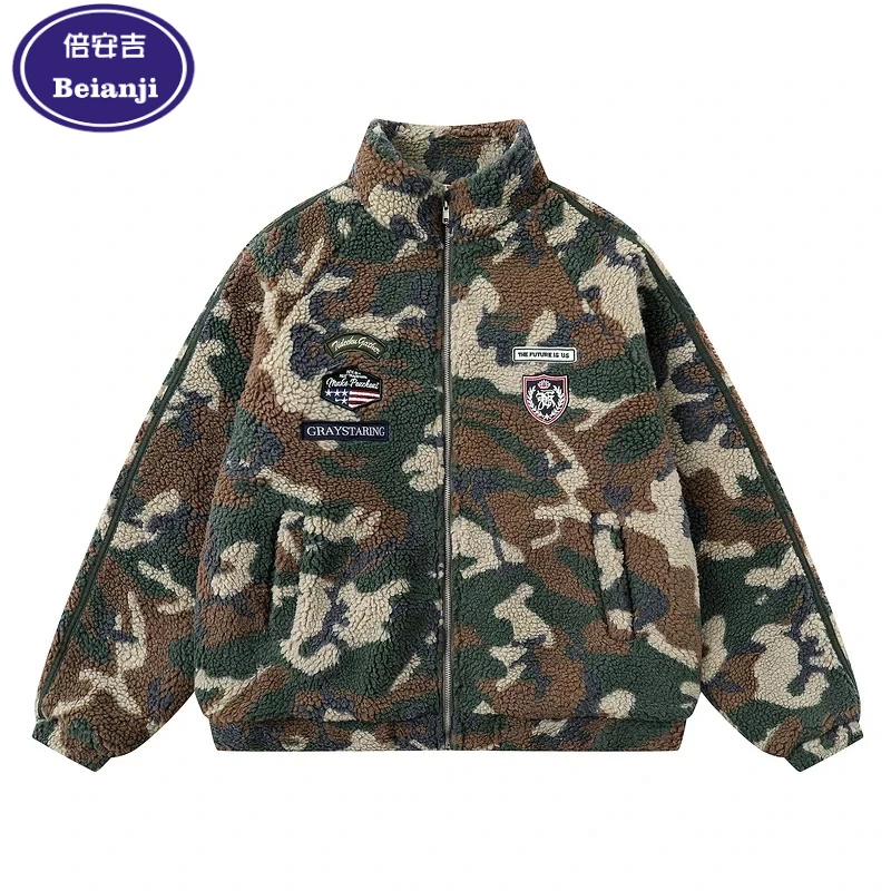 

Cotton-padded jacket American street lamb wool camouflage coats men applique fashion warm winter berber fleece outerwear beianji